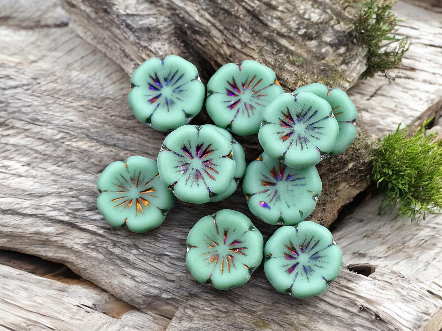 *10* 14mm Metallic Volcano Washed Matte Turquoise Hawaiian Flower Beads