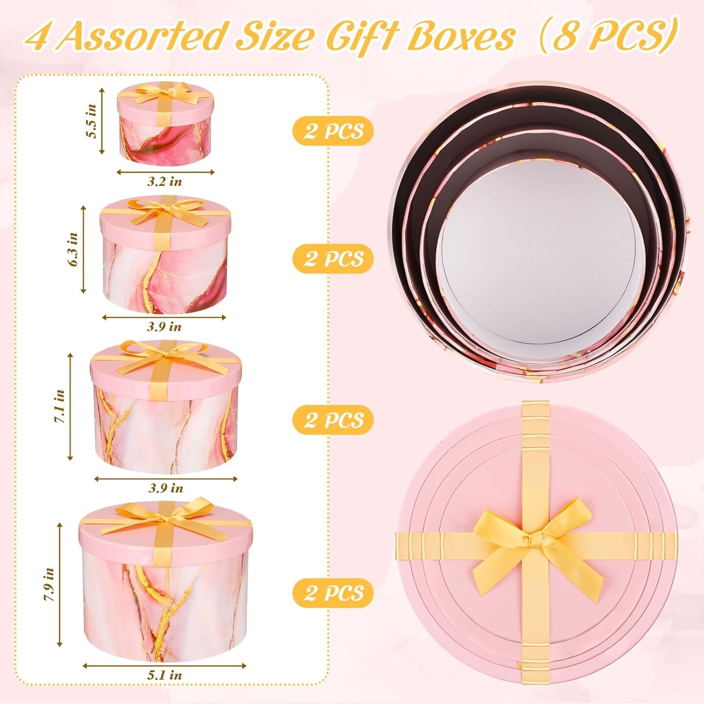 8 Set Round Nesting Gift Boxes with Lids Marble Floral Boxes 4 Assorted Sizes with Bow for Presents Birthday Bridesmaid Wedding Christmas Valentines Party Favor Boxes(Pink and White)