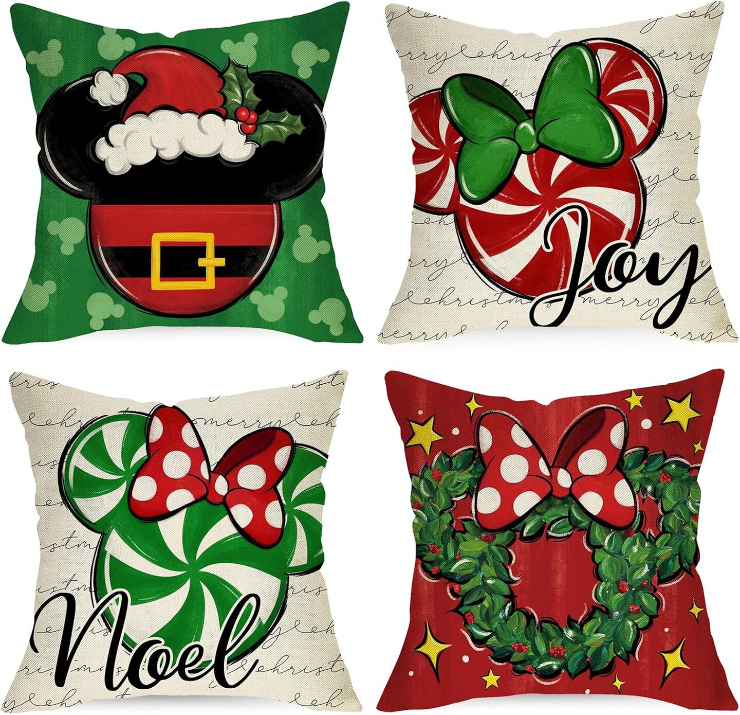 Merry Christmas Decorative Throw Pillow Covers 18 x 18 Set of 4, Xmas Candy Cane Wreath Red Green Bow Cushion Case Decor, Noel Joy Winter Holiday Farmhouse Home Sofa Couch Decoration