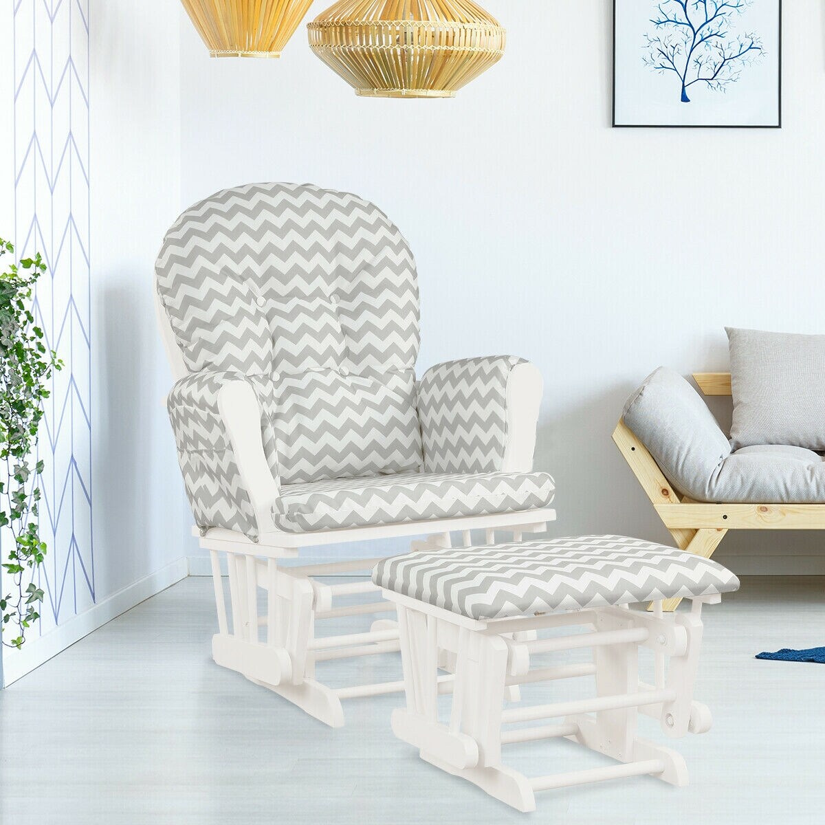 Solid Wood Gliding Chair Set with Pockets and Ottoman for Relaxing