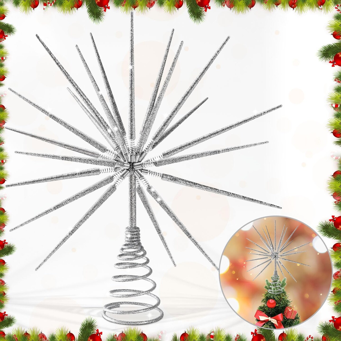 Silver Christmas Tree Topper 13.7 Inch - Silver Starburst Silver Tree Topper, Exploding Star Christmas Tree Decorations