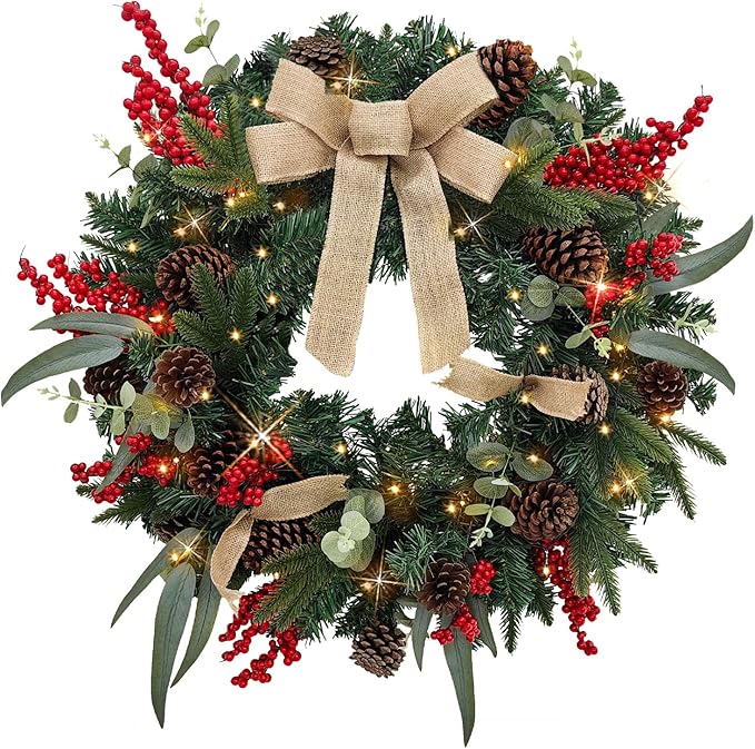 28’’ Pre-Lit Artificial Christmas Wreath, Battery Operated 35 LED Lights with Leaves, Red Berries, Natural Pine Cones, and a Linen Bow for Front Door, Xmas Wreath for Holiday Christmas Decorations