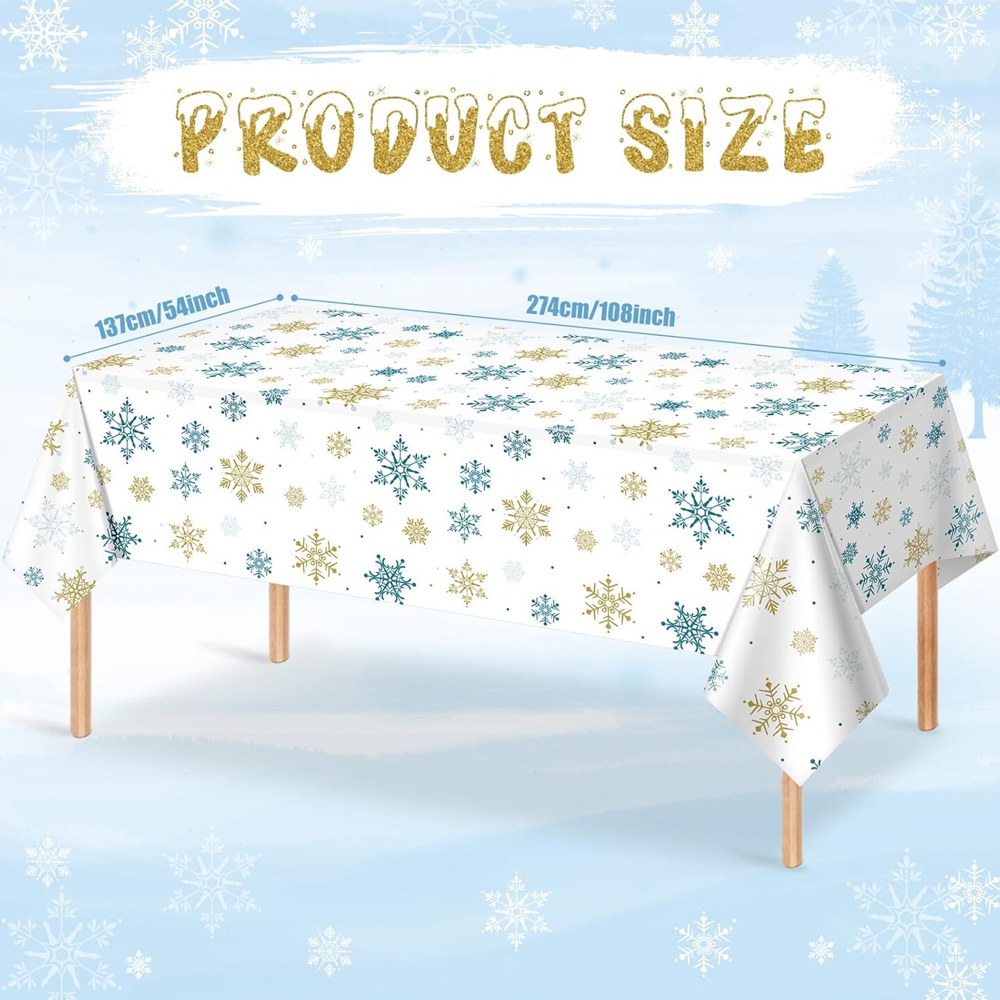 3Pcs Snowflake Plastic Tablecloth Christmas Snowflake Disposable Table Cloth White Blue and Gold Winter Wonderland Table Cover for Winter Holiday Christmas Birthday Party Decorations,54x108 Inch
