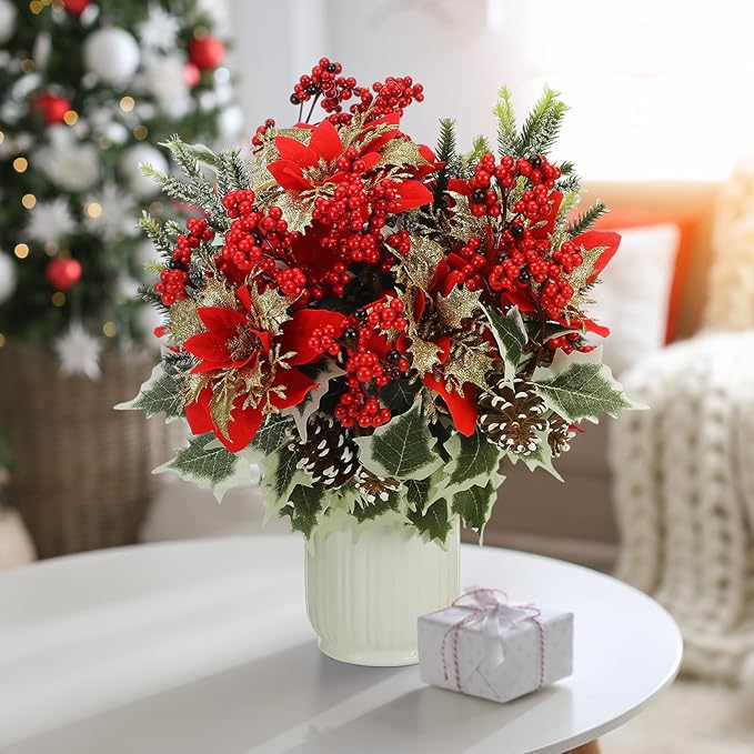 Table Centerpieces Fake Christmas Flowers Bouquets Floral Arrangement Pine Branches with Holly Berry Stems for Winter Xmas Holiday Home Decor