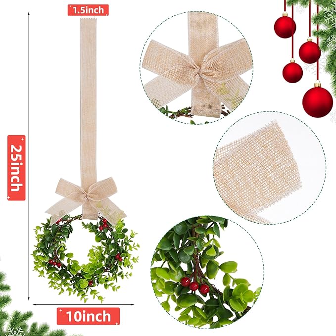 2Pcs Mini Christmas Wreaths Cabinet Wreaths Small Green Hanging Wreath Christmas Ornament for Cabinets Winter Holiday Home Outdoor Indoor Window Christmas Tree Crafts Decorations 25 x 10 Inch