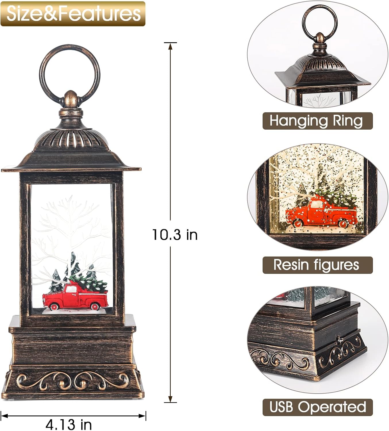 Christmas Snow Globe Red Truck Lantern, Glitter Lighted Christmas Decorations for Home with Music, Light Up Snowglobe Christmas Décor