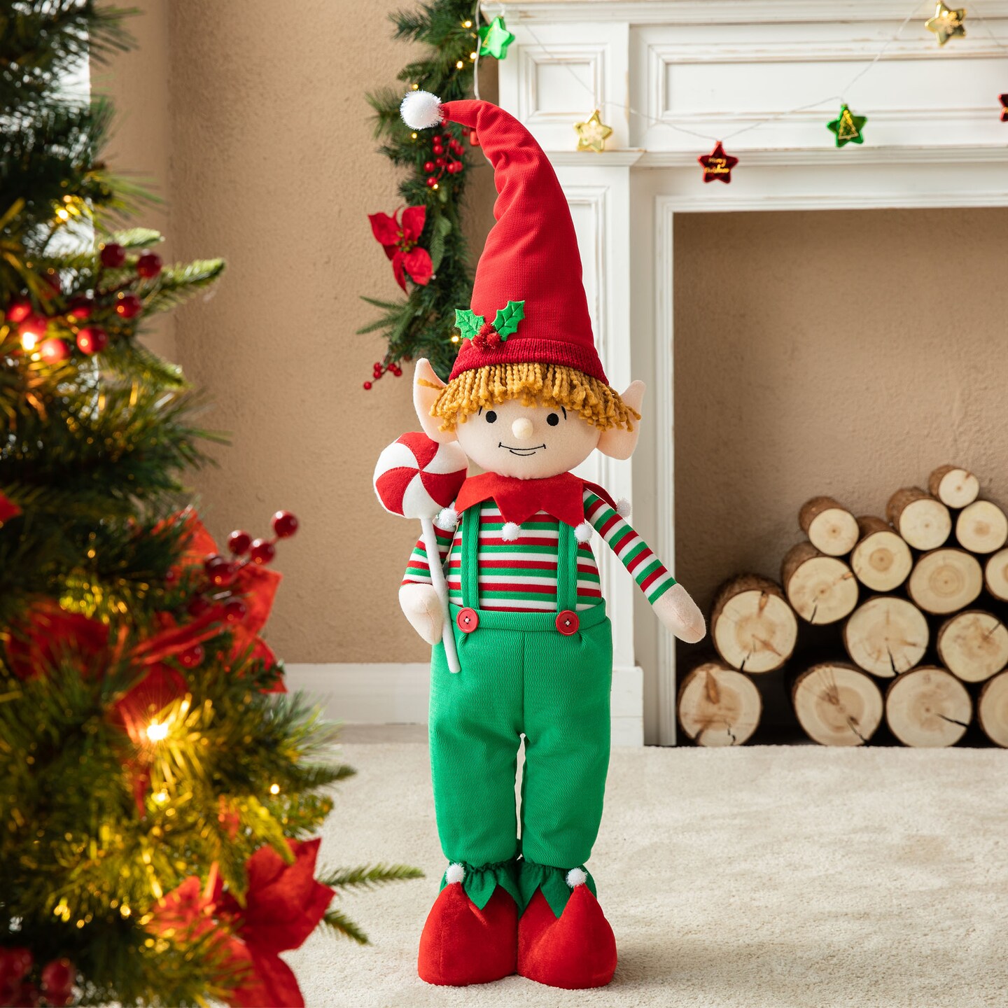 Set of 2 39&#x22;/26&#x22;H Telescoped Fabric Christmas Boy Elf Standing D&#xE9;cor