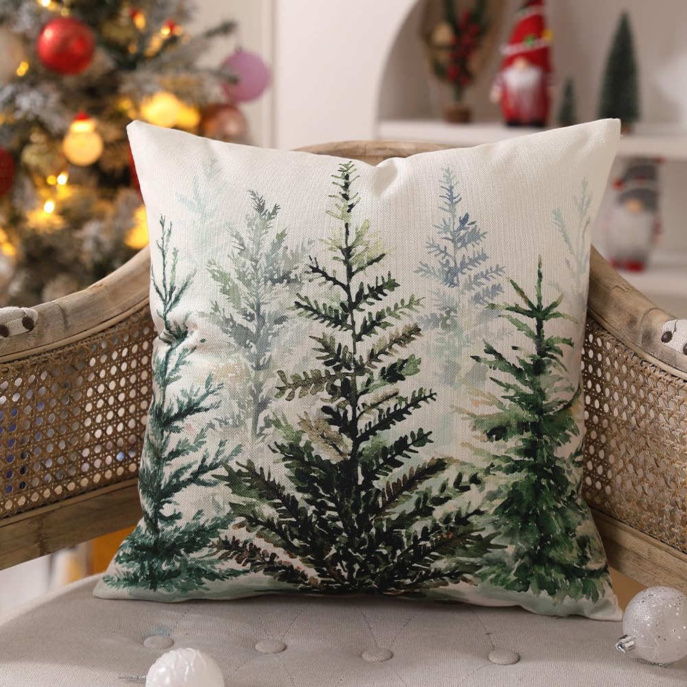 Christmas Pillow Covers 18x18 inch Set of 2 Watercolor Blue Green Christmas Tree Rustic Style Nature Forest Print Decorative Throw Pillows Winter Christmas Decor TH-32B18