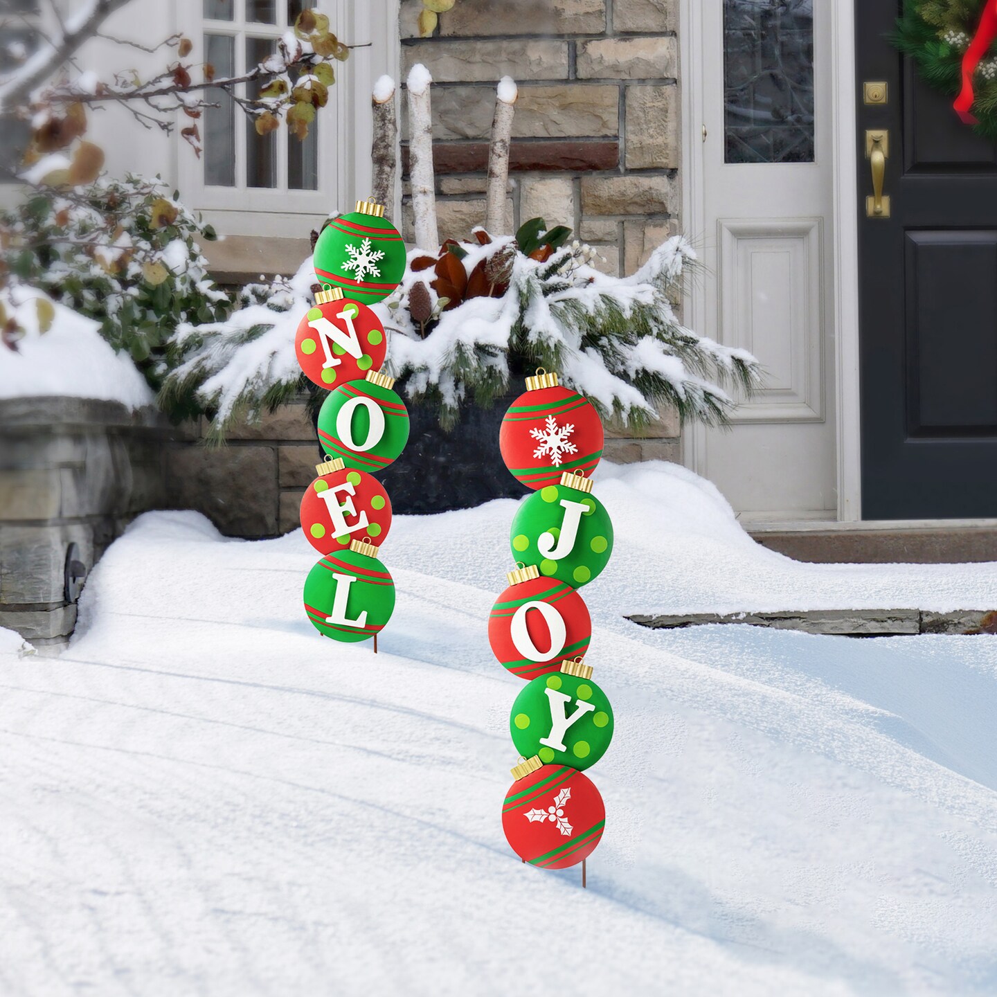 Set of 2 Metal JOY &#x26; NOEL Ornament Yard Stake or Wall Decor