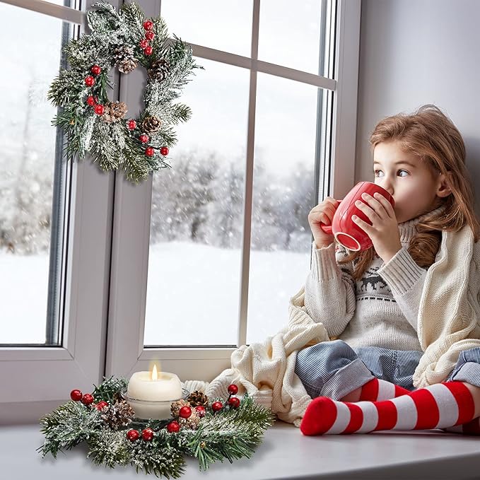 4 Pieces Christmas Candle Rings Wreaths Small Christmas Kitchen Cabinet Wreaths Pillars Mini Candle Rings Christmas Table Centerpieces Hanging Garlands for Christmas Front Door Window Decor