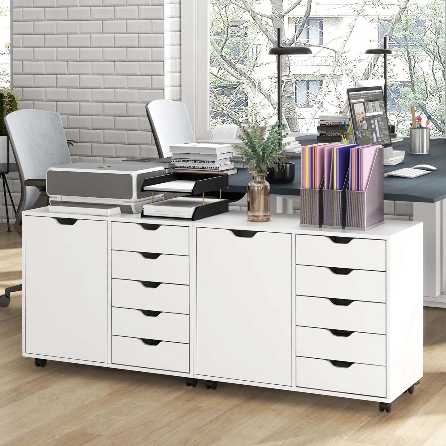 Costway 5-Drawer Chest Rolling Storage Dresser Lateral File Cabinet with Adjustable Shelf
