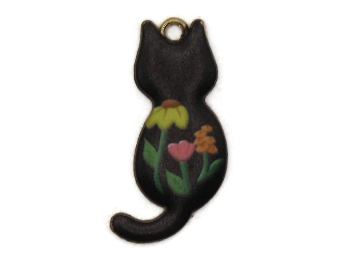 30mm Black Cat with Multicolor Flowers Enamel and Gold Tone Pendant
