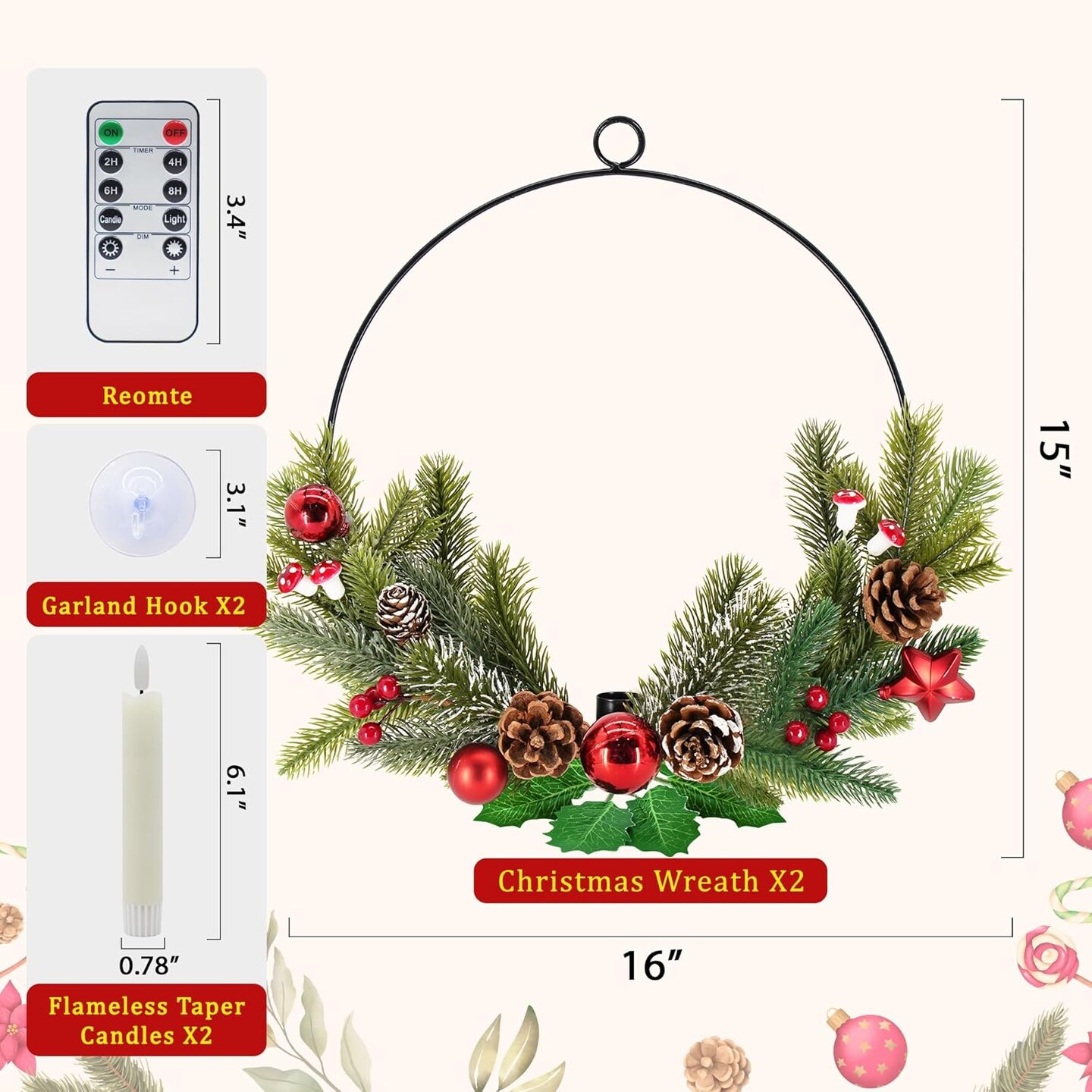 2Pack Christmas Wreaths for Front Door with Timer &#x26; Flickering LED Taper Candles &#x26; Remote, 16&#x27;&#x27; Windows Wreaths, Fireplace Christmas Decorations