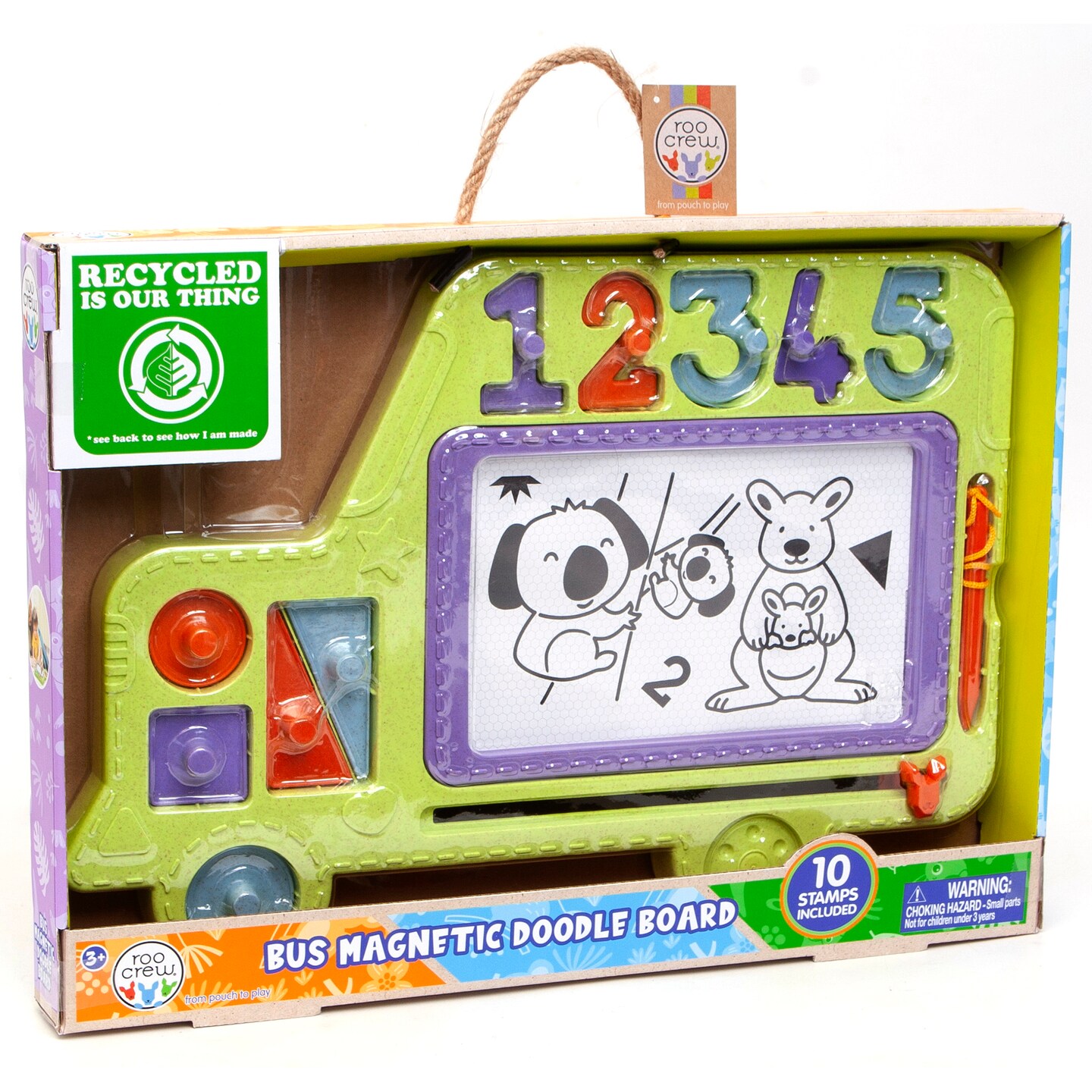 Roo Crew: Bus Magnetic Doodle Board - Wooden Drawing Toy, Includes 10 Stamps, Shapes & Numbers 1-5, Stylus Sketching, Play & Learn, Kids Ages 3+