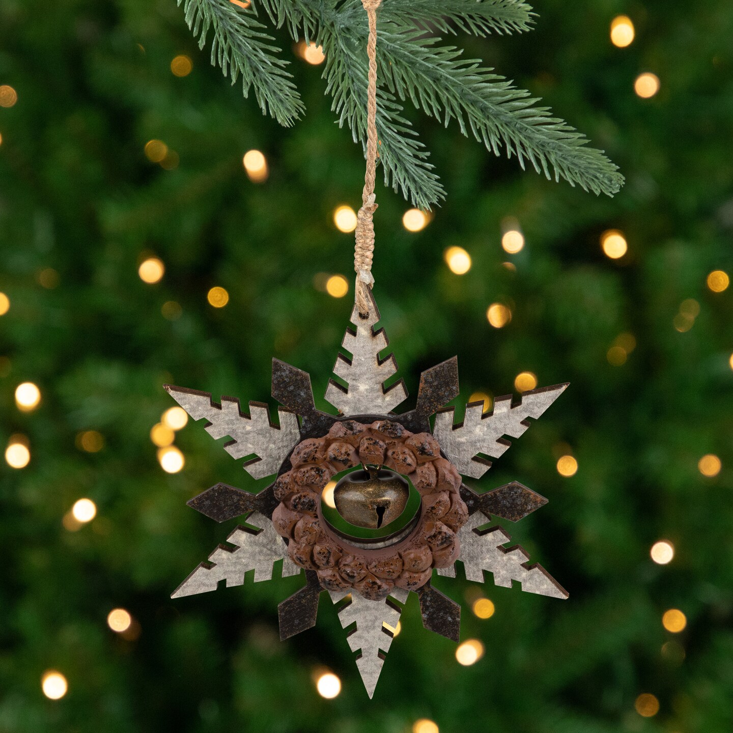 Northlight Snowflake with Jingle Bell Wooden Christmas Ornament - 6" - Brown and Beige