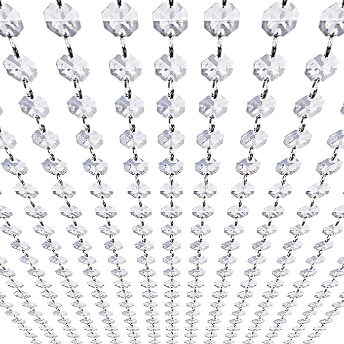 99ft Acrylic Crystal Garland Strands - Hanging Chandelier Gem Bead Chain - 14mm Clear Octagon Prism Diamond String Decorations for Wedding Party Manzanita Centerpiece Christmas Tree