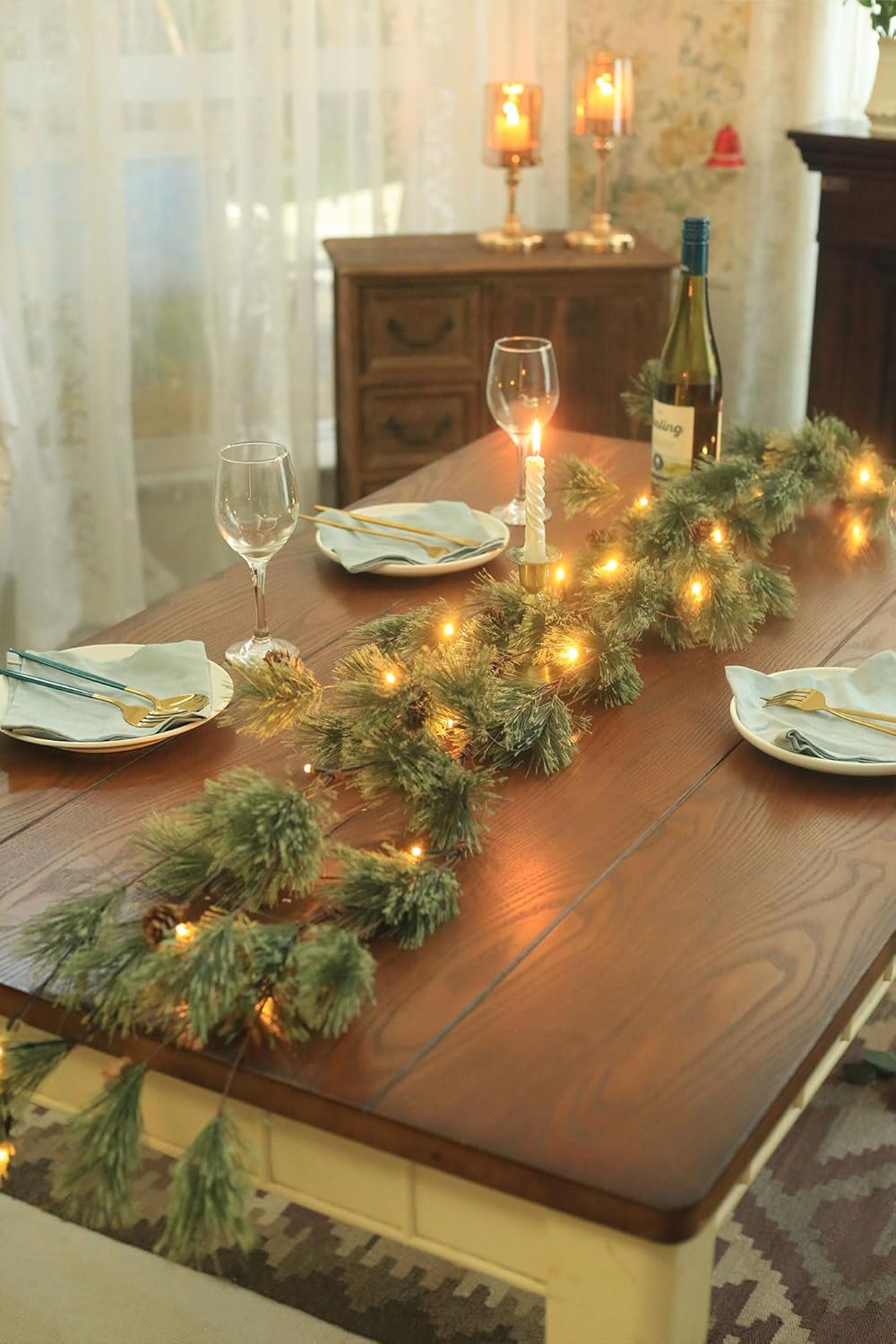 6.6FT Rustic Christmas Garland with Light, Pre-lit Outdoor Garland with Pine Needles Pine Cones for Fireplace Door Porch Mantel Centerpiece Xmas Decoration, Green (Dense Pine Needle)