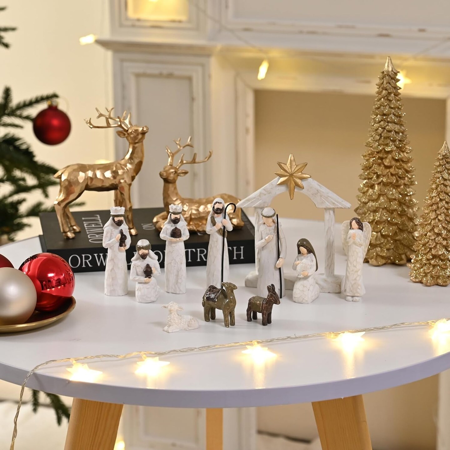 White Nativity Set, Resin Small Christmas Nativity Figurine, 11Pcs Miniature Nativity Scene, Modern Holy Family Manger Scene Tabletop Nativity Figurines for Christmas Indoor Decor