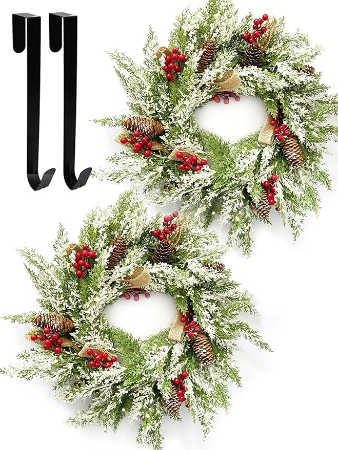 2 Pack Christmas Wreath 23&#x201D;, Winter Wreaths for Front Door with Pinecones, Red Berries, Burlap Ribbon &#x26; Snowflake, Artificial Outdoor Holiday Door Decorations with 2 Wreath Hangers