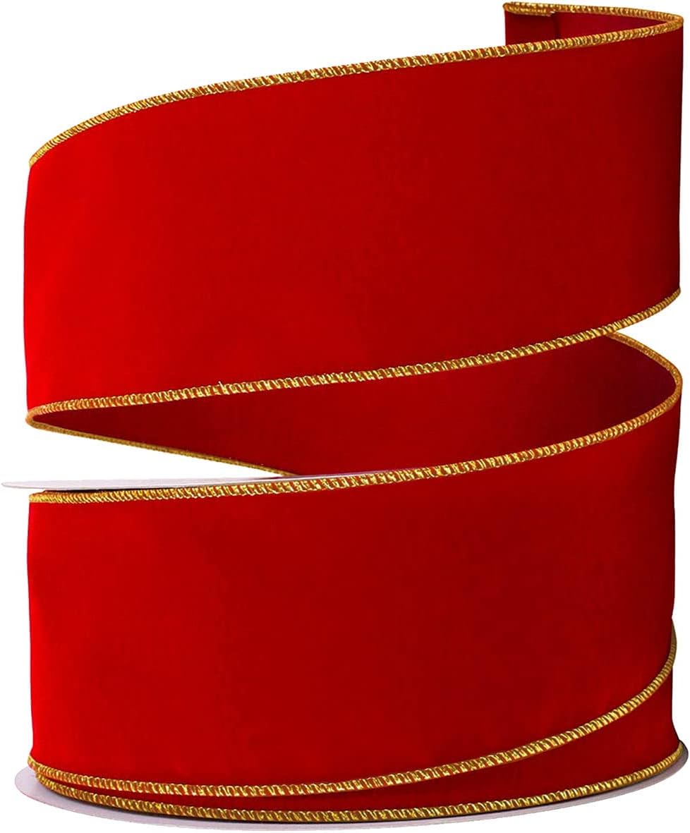 Red Velvet Ribbon Wired 2.5 (2 1/2) Inch Wide Wire-Edge Gold Trim Clearance: 30 Yards Christmas Wrap, Valentine&#x27;s Day/Outdoor Xmas Tree Bows/Winter Wedding Bow/Valentine Ribbons for Crafts &#x26; Gifts
