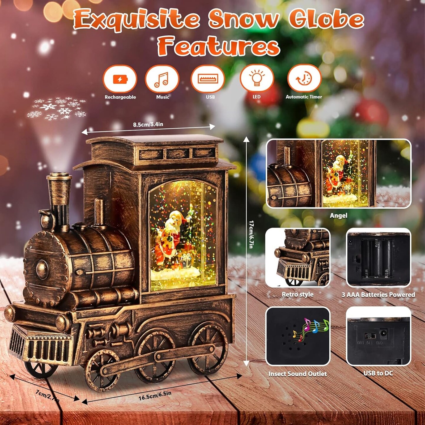 Christmas Snow Globes, Vintage Musical Christmas Snow Globe Lantern with Snowflake Projection, Lighted Christmas Train Snow Globe with Santa Water Swirling Glitter and 6H Timer, Xmas Gift