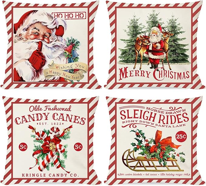 Vintage Christmas Pillow Covers 18x18 Set of 4 for Christmas Decorations, Red Retro Christmas Santa Trees Candy Cane Sleigh Rides Reindeer Rustic Country Holiday Decor Throw Pillows Cases