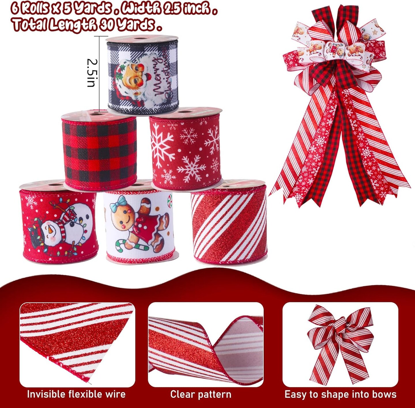 Christmas Ribbon Wired 2.5 Inch,6 Roll 30 Yards Christmas Ribbon with Wire-Snowflake/Snowman/Gingerbread Man/Santa/Glitter Stripe/Buffalo Plaid Christmas Ribbon for Wreaths Bow Tree DIY Crafts