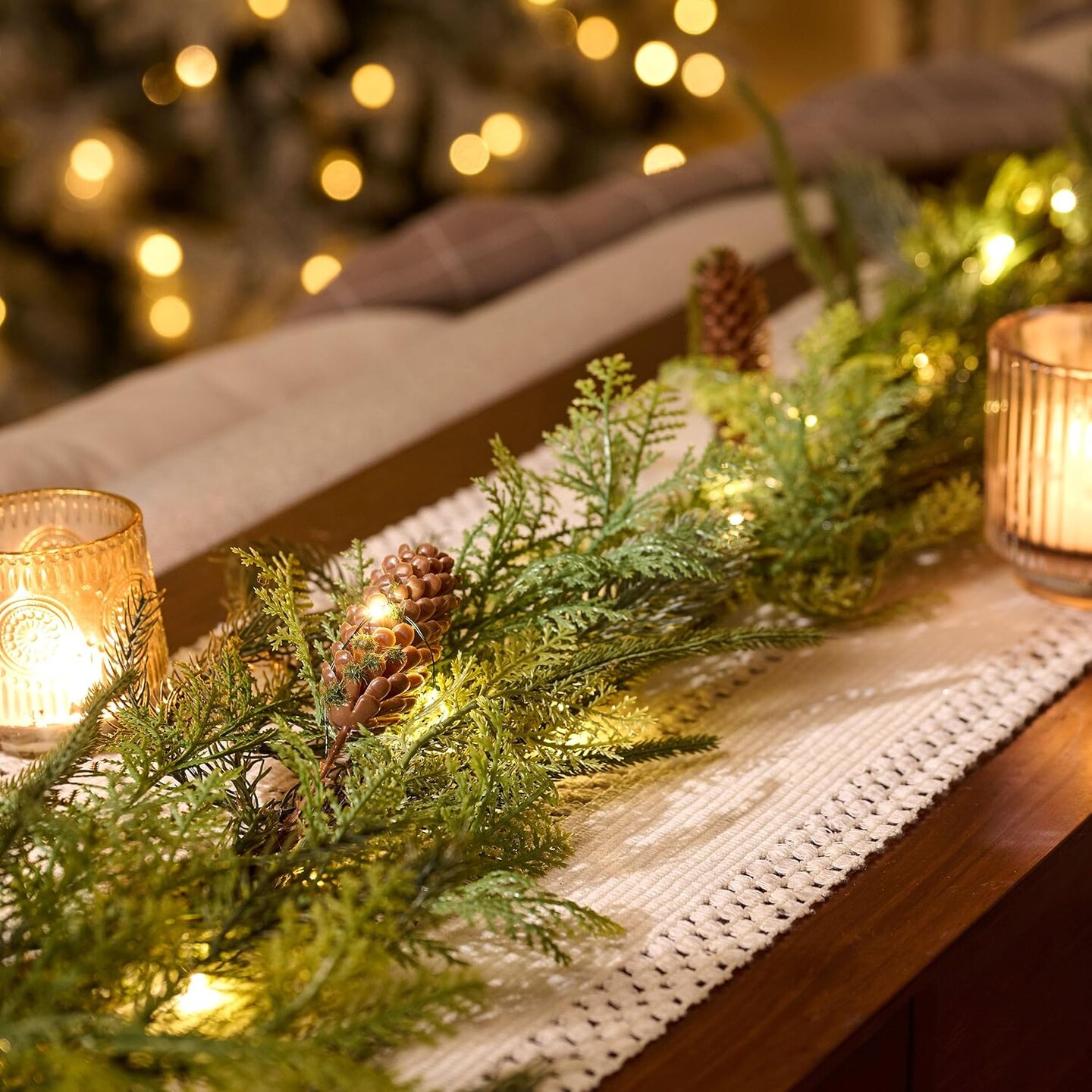 Christmas Garland with Lights, Prelit 9ft Lighted Norfolk Pine Garland, Battery Operated Greenery Garland Christmas Decorations for Mantle and Stairs, Home Decor Indoor Outdoor