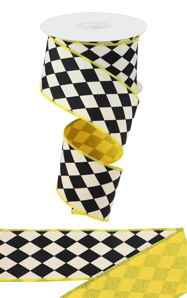 2.5&#x22; x 10yd Harlequin Yellow &#x26; Black Wired Ribbon-Royal Check Pattern for Crafts &#x26; Decor (RGX00118N)