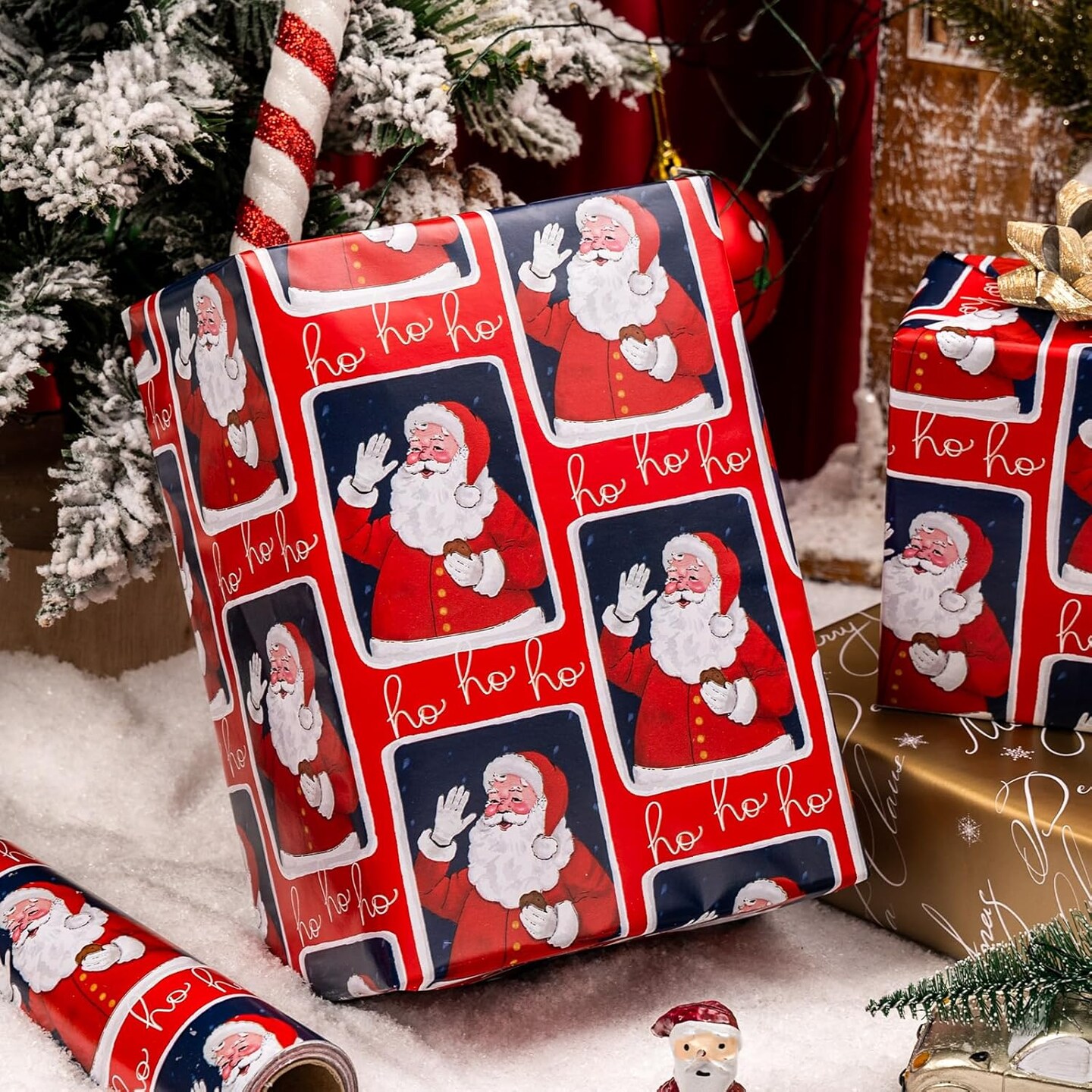 Vintage Christmas Santa Wrapping Paper Roll - 17 Inch X 33 Feet - Reversible Red Festive Season&#x27;s Greetings Santa Holiday Christmas Gift Wrap Thick Paper for Christmas, Birthday, New Year