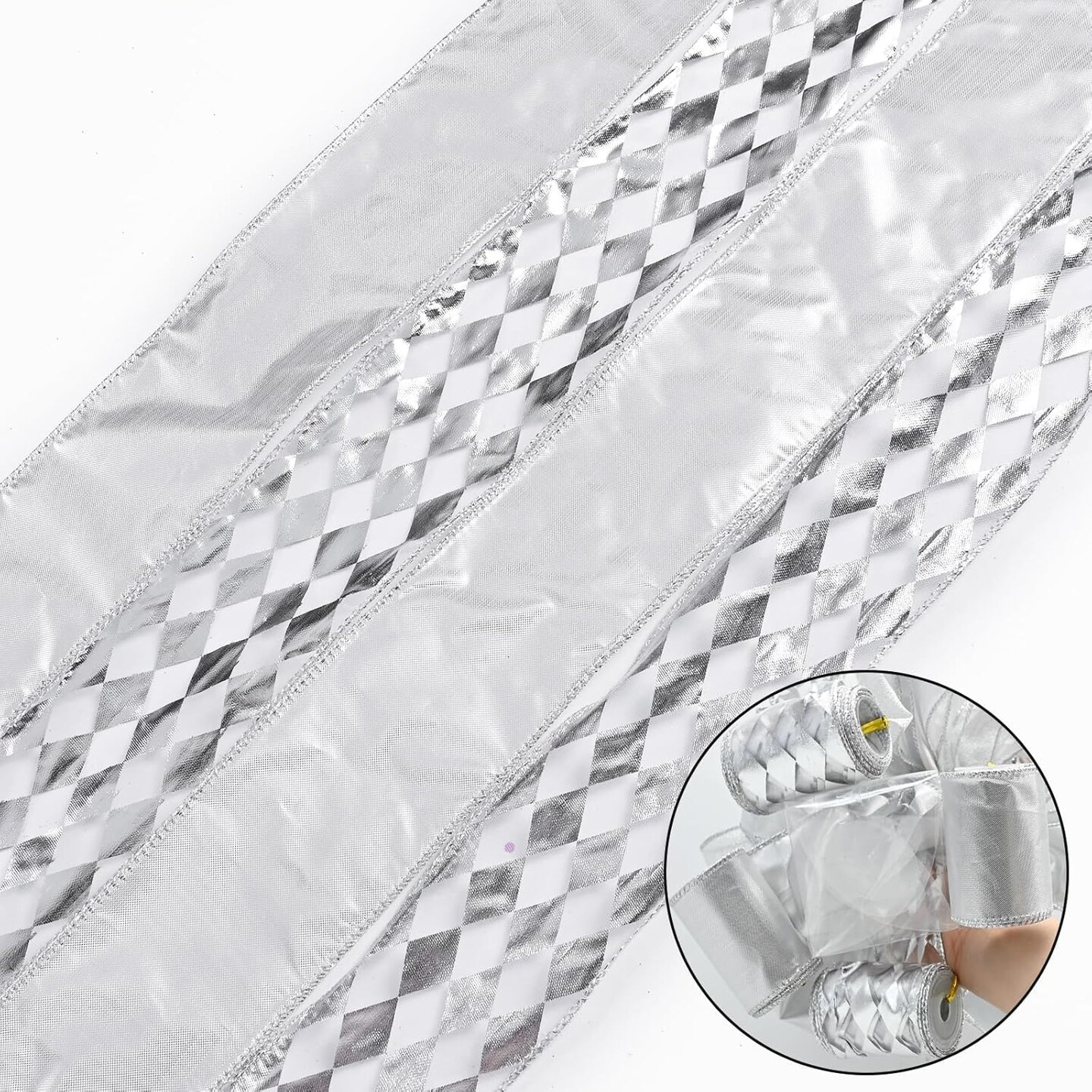 Silver Grid Christmas Tree Topper Bow 11 inch with 4 Ribbon Tails 3 Yards Christmas Decoration Perfect for Weddings Parties