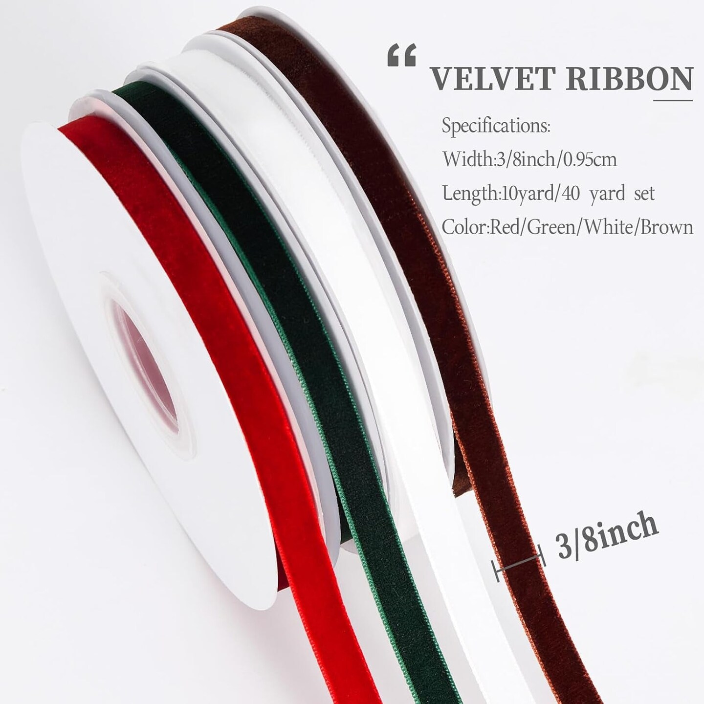 4 Colors Velvet Ribbon Set, 3/8&#x22; X 40Yard Premium Velvet Ribbon for Gift Wrapping, Christmas Velvet Ribbon Christmas Tree Velvet Ornaments Handmade Crafts Bow Making&#xFF08;Red,Green,White,Brown&#xFF09;