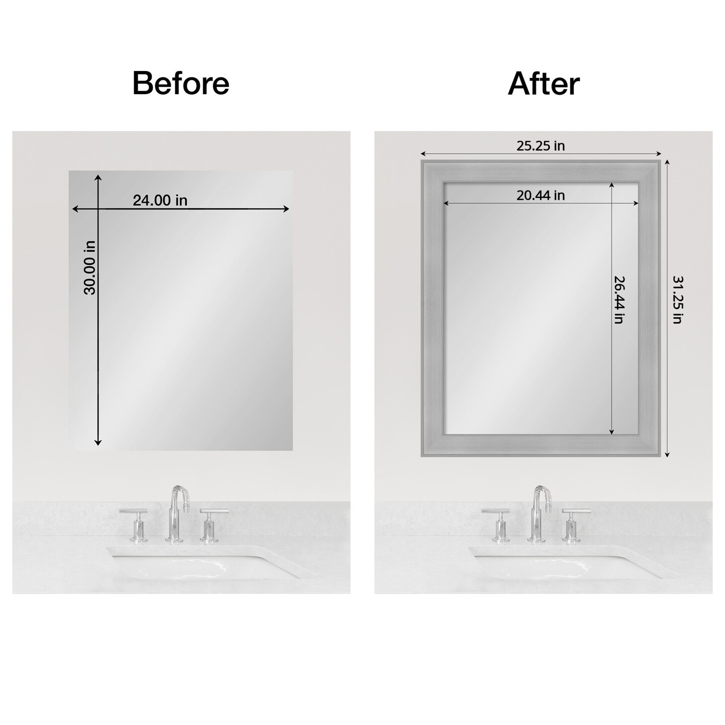 Amanti Art Mirror Makeover Bathroom Mirror Frame Border Kit - Fully Assembled Peel and Stick Frame - Mirror NOT Included - Vista Brushed Nickel Trim