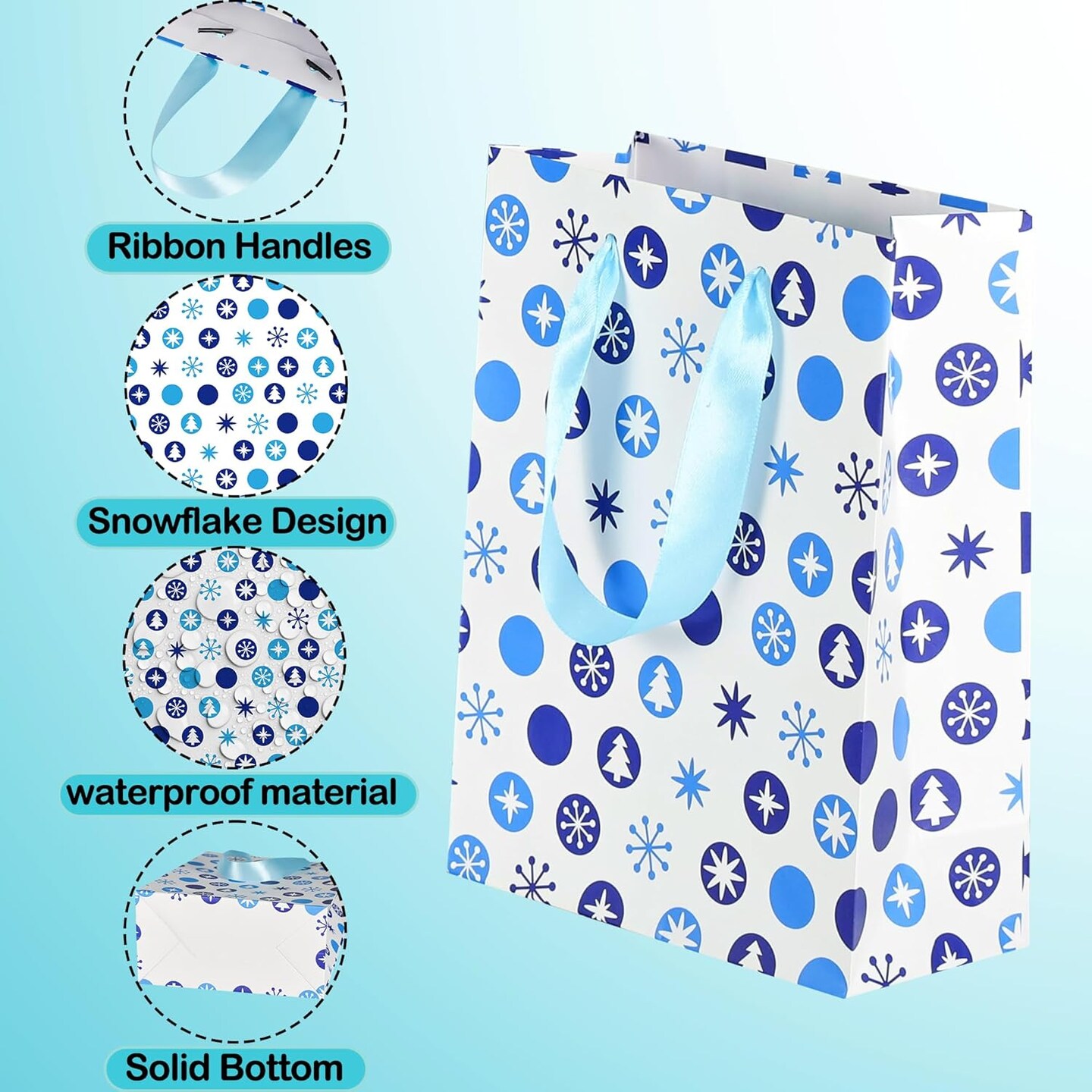 24 Pack Small Christmas Gift Bags with Tissue Paper, 8.7&#x22;x6.3&#x22;x3.1&#x22;, Blue and White Xmas Gift Bags Bulk with Handles for Christmas, Birthday Parties, Gift Wrapping