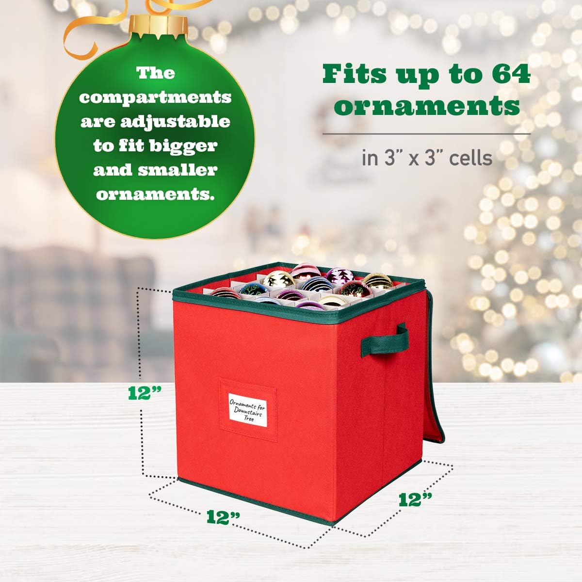 Christmas Ornament Storage Box Christmas Decor Storage Containers that Store up to 64 &#x2013; 3&#x201D; x 3&#x201D; Holiday Xmas Ornaments &#x2013; Adjustable Compartment To Fit Many Sizes Ornaments &#x2013; Red