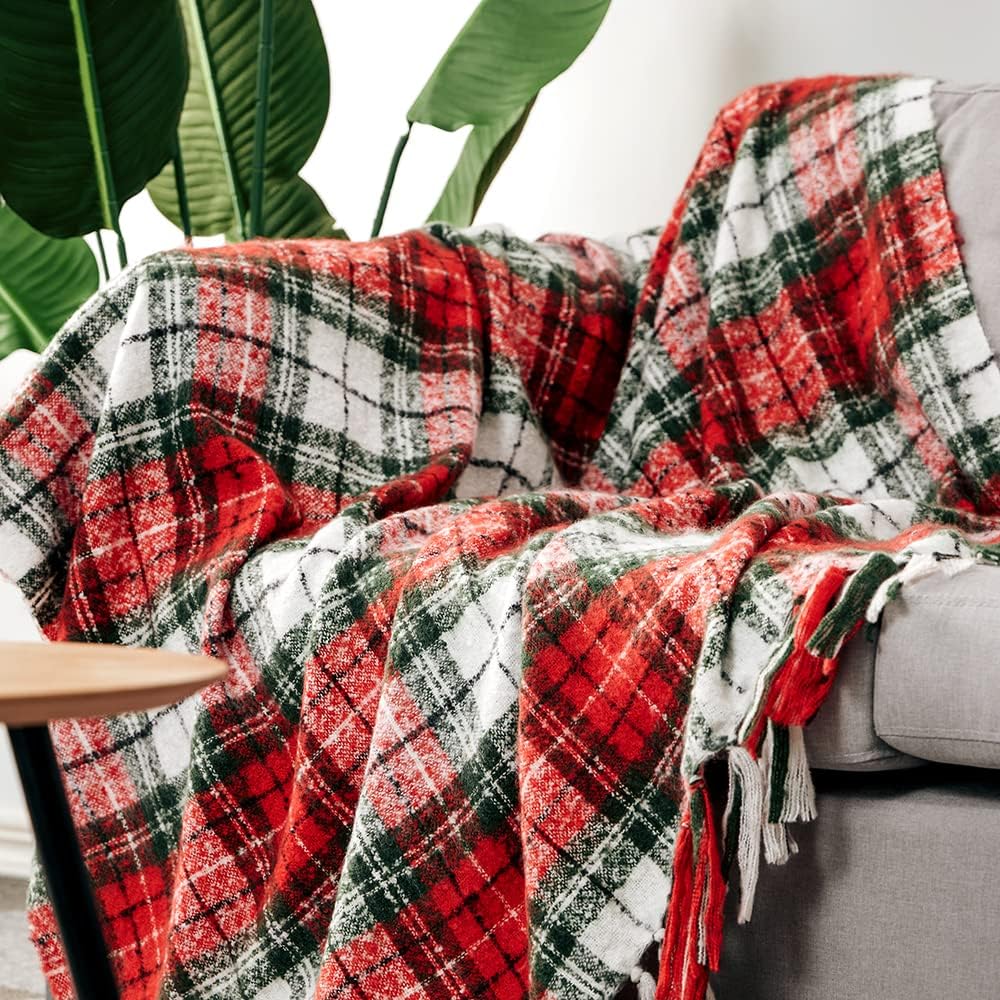 Christmas Plaid Throw Blanket Green Red Super Soft Faux Cashmere with Tassels for Couch Sofa Halloween Home Decor 50in x 60in (Xmas)