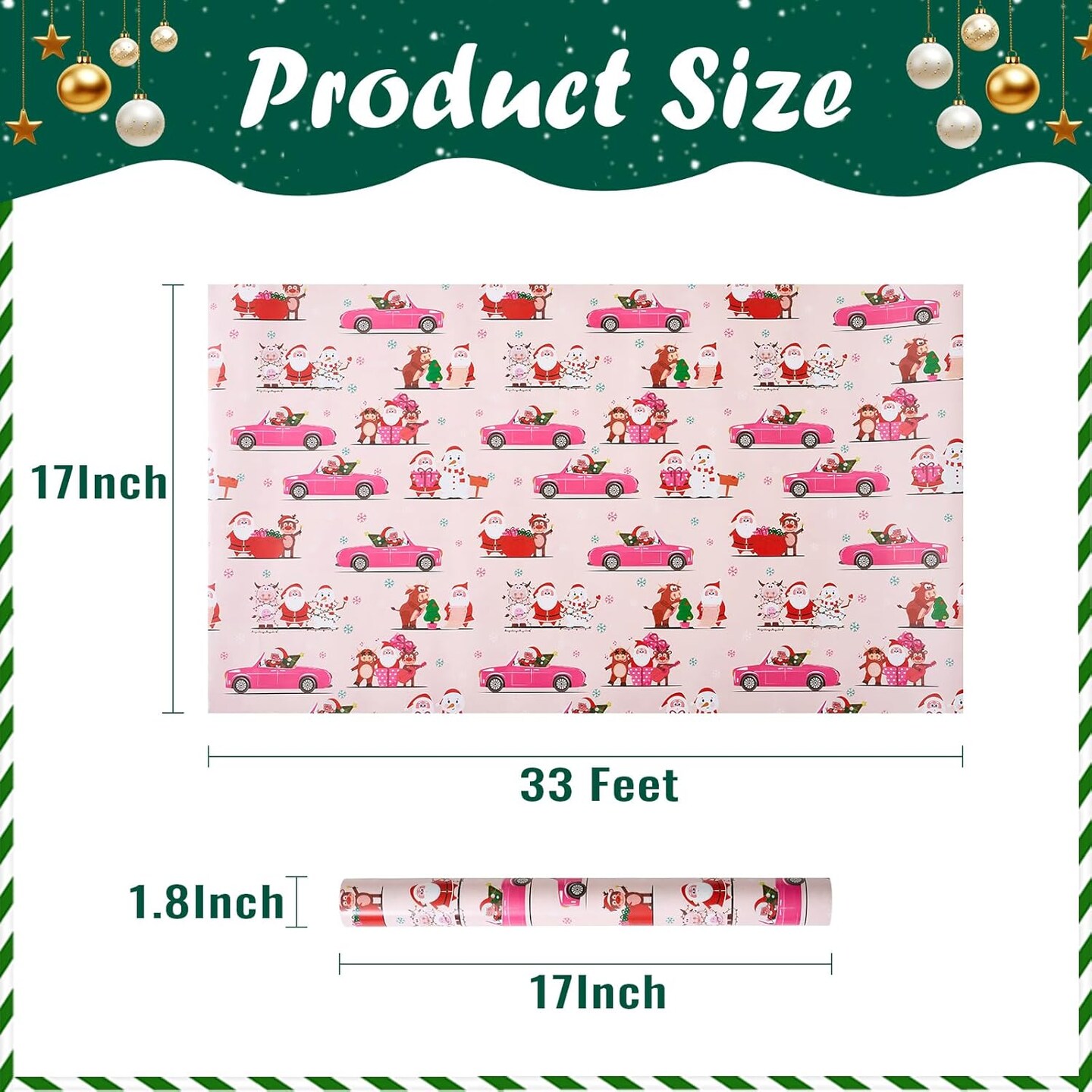Pink Christmas Wrapping Paper Reversible Mini Roll 17 Inch X 33 Feet, Santa Claus and Christmas Tree Print Wrapping Paper for Kids Gift Wrapping, Christmas Family Party, Christmas Tree Decorations