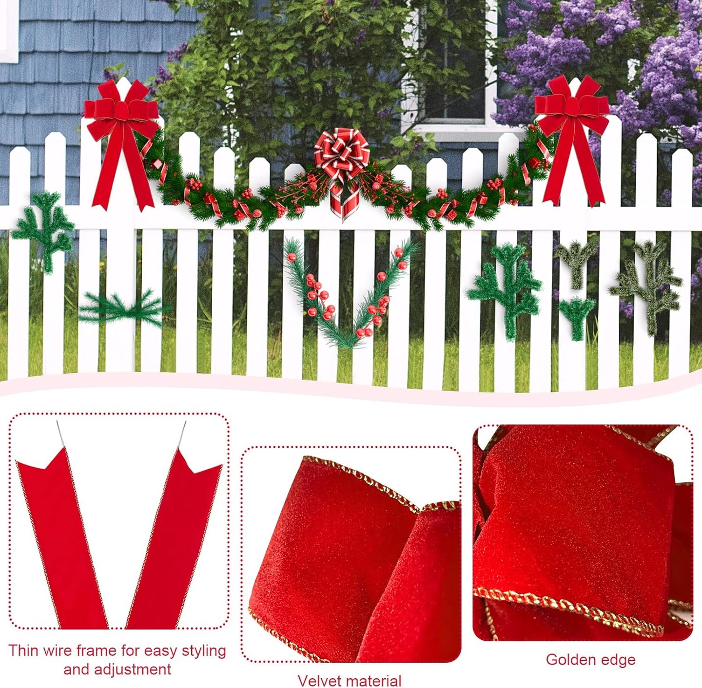 Red Bows Christmas Decorations 12”X20” Big Red Velvet Ribbon Wired Decorative Bows with Glitter Gold Edge for Tree Topper, Outdoor Indoor Wreaths Stair Fence Xmas Home Front Door Decorations (2 PCS)