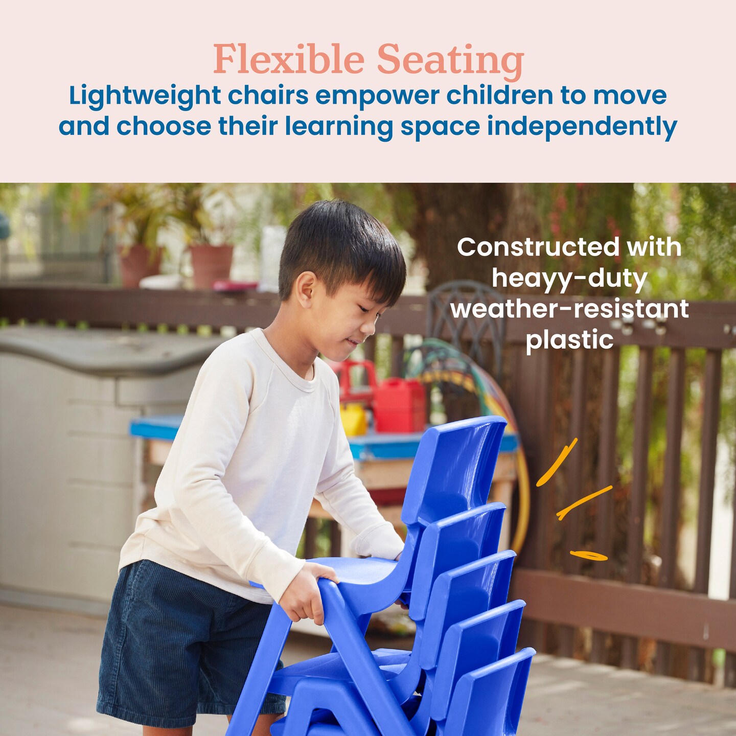 Plastic School Stack Chair for Indoors and Outdoors, Flexible Seating, 12in Seat Height, 4-Pack