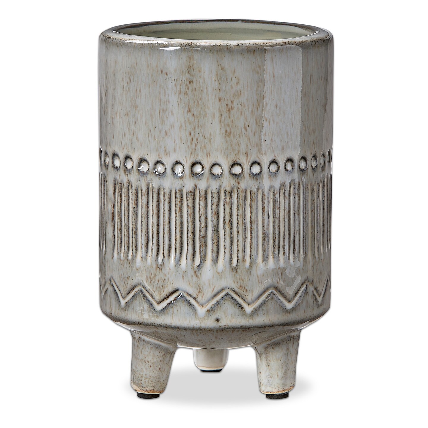 Olema Carved Grey Glazed Terracotta Planter Large 4.72L x 4.72W x 7.09H inches its a 6" drop in plant. Decorative Use Only