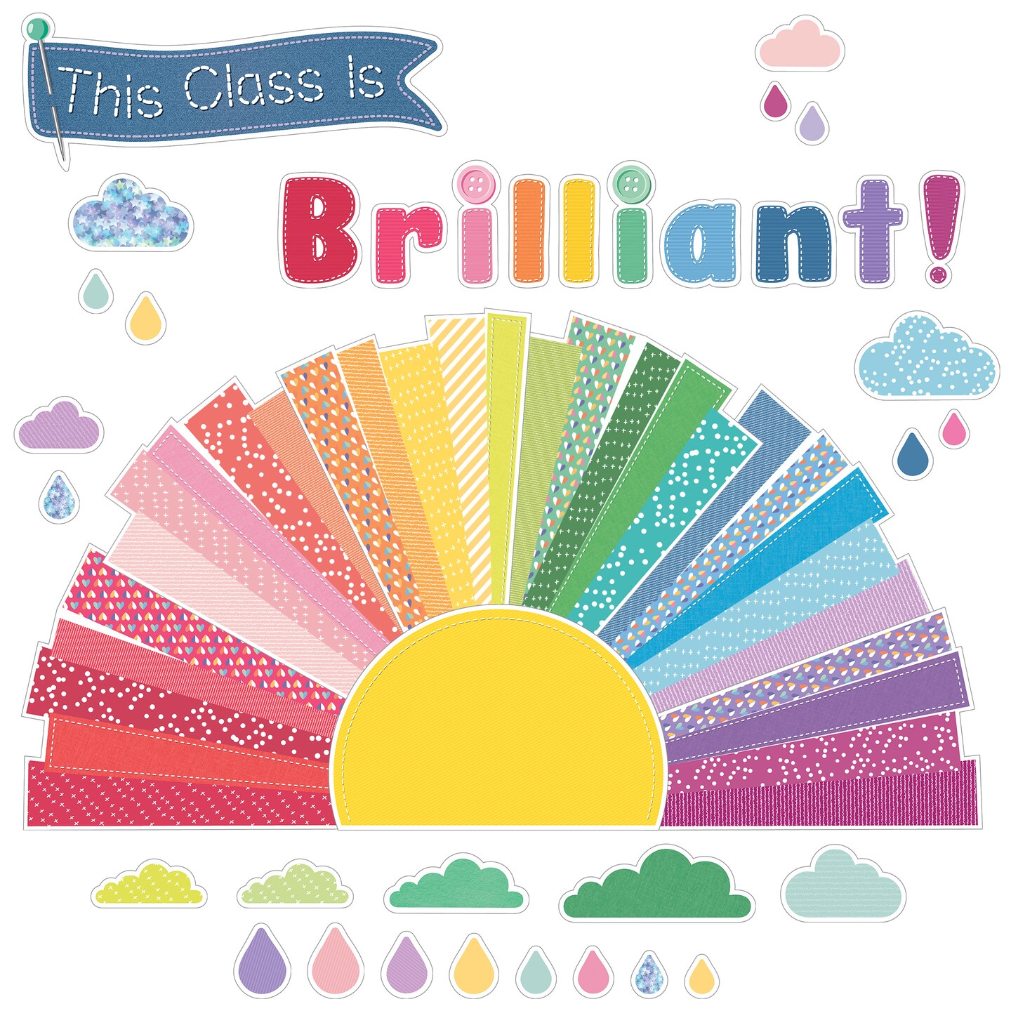 Carson Dellosa Crafty and Cool 69-Piece Motivational Bulletin Board Set, Banner With Inspirational Quote, Sun, Clouds, Grass, and Raindrops Classroom Decor
