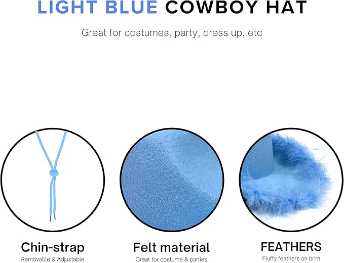 4E&#x2019;s Novelty Light Blue Cowboy Hat with Feathers &#x26; with Heart Shaped Glasses for Rodeo Parties &#x26; Dress Up Costumes