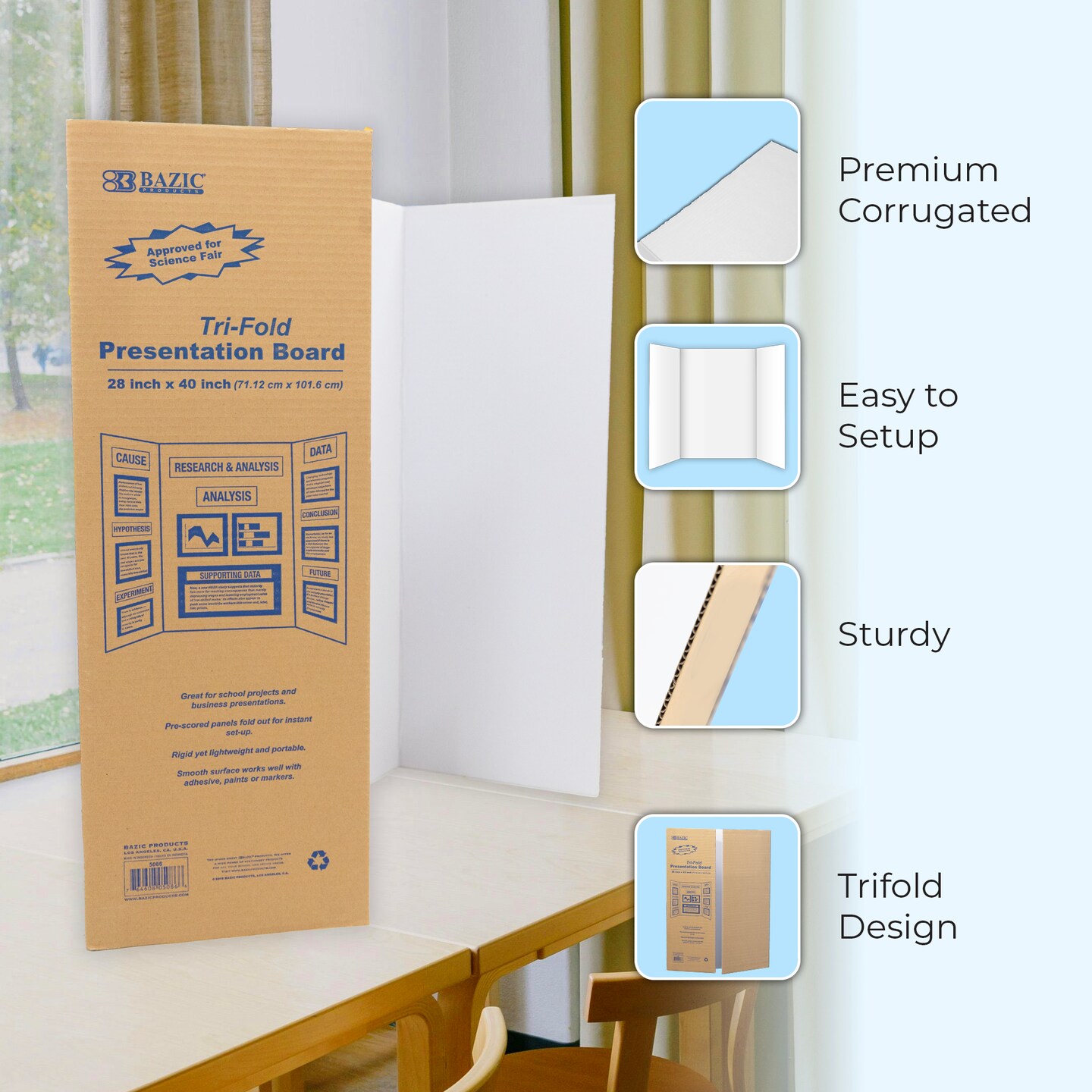 BAZIC Tri-Fold Corrugated Presentation Board - White 28&#x22; X 40&#x22;