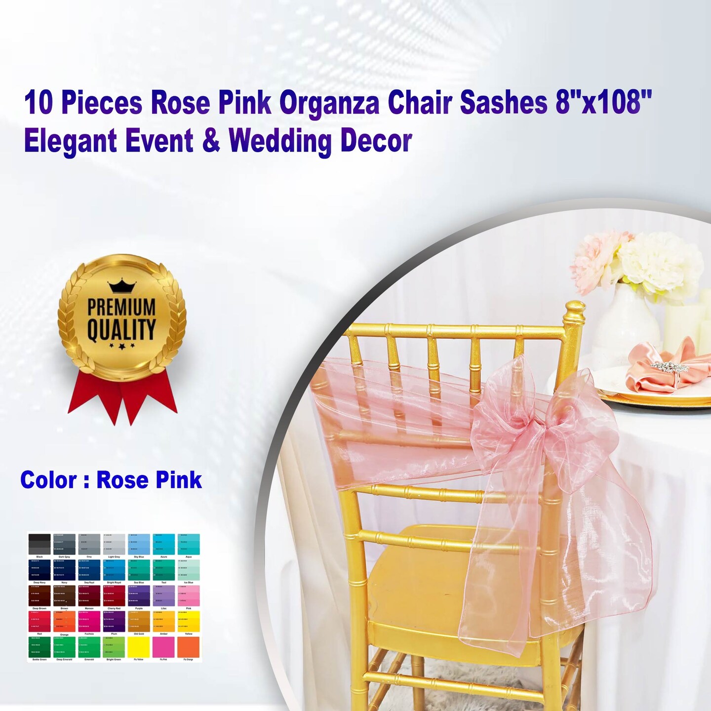 10 Pieces Rose Pink Organza Chair Sashes 8"x108" Elegant Event & Wedding Decor
