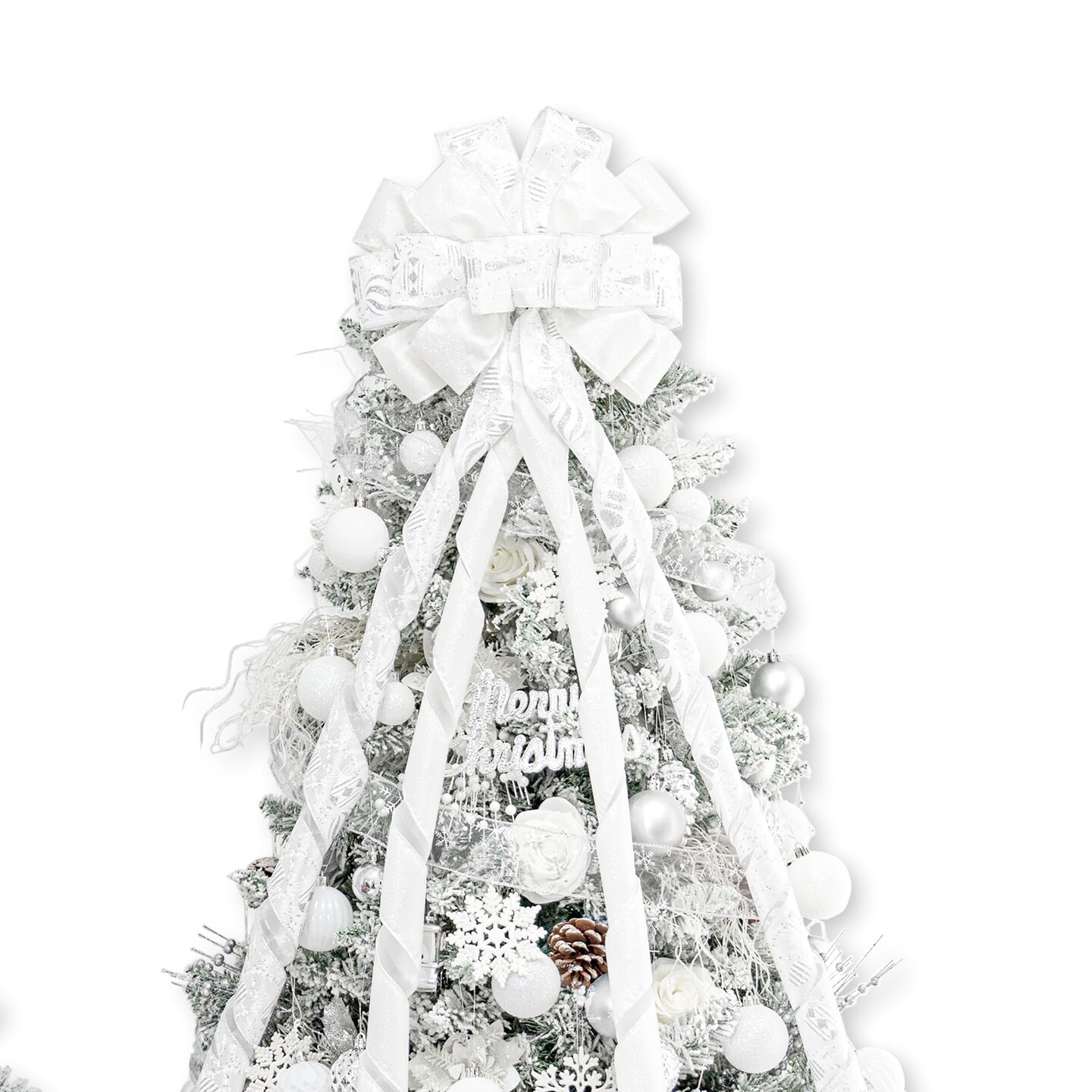 Hismir Christmas Tree Topper Bow&#xFF0C;53x13 Inches Large Christmas Bow with Glitter Streamer and Patterned Ribbon&#xFF0C;Decorative Bows for Xmas Tree Wreath Door Festival Home Decor(White)