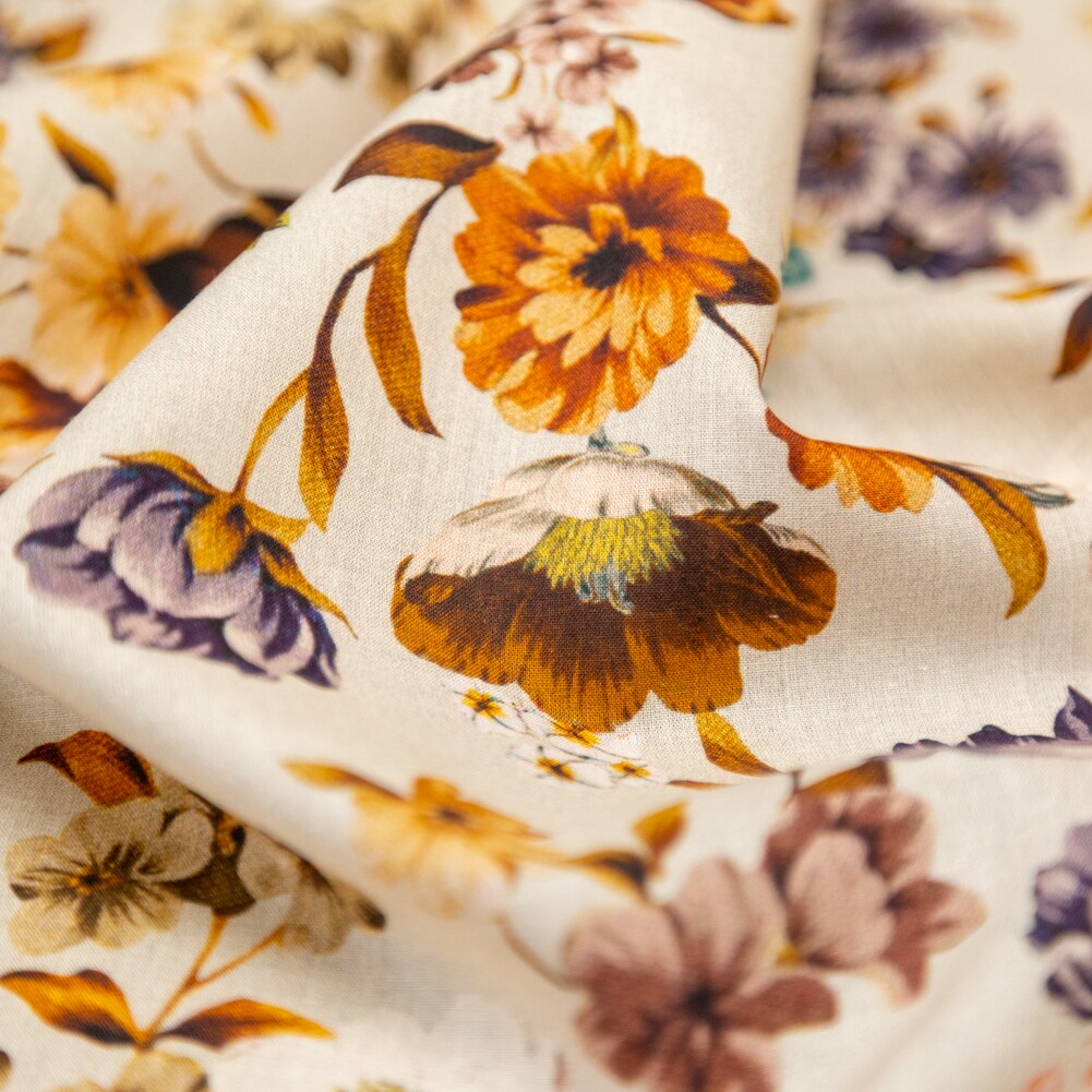 1 Yard Cotton Voile Cream and Rust Floral August Rush Print Fabric