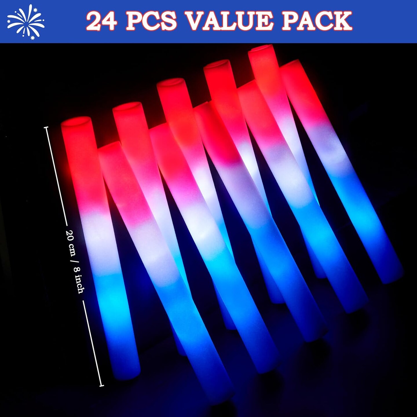 24 Pcs 4th of July Glow Foam Sticks, Red White Blue LED Light Up