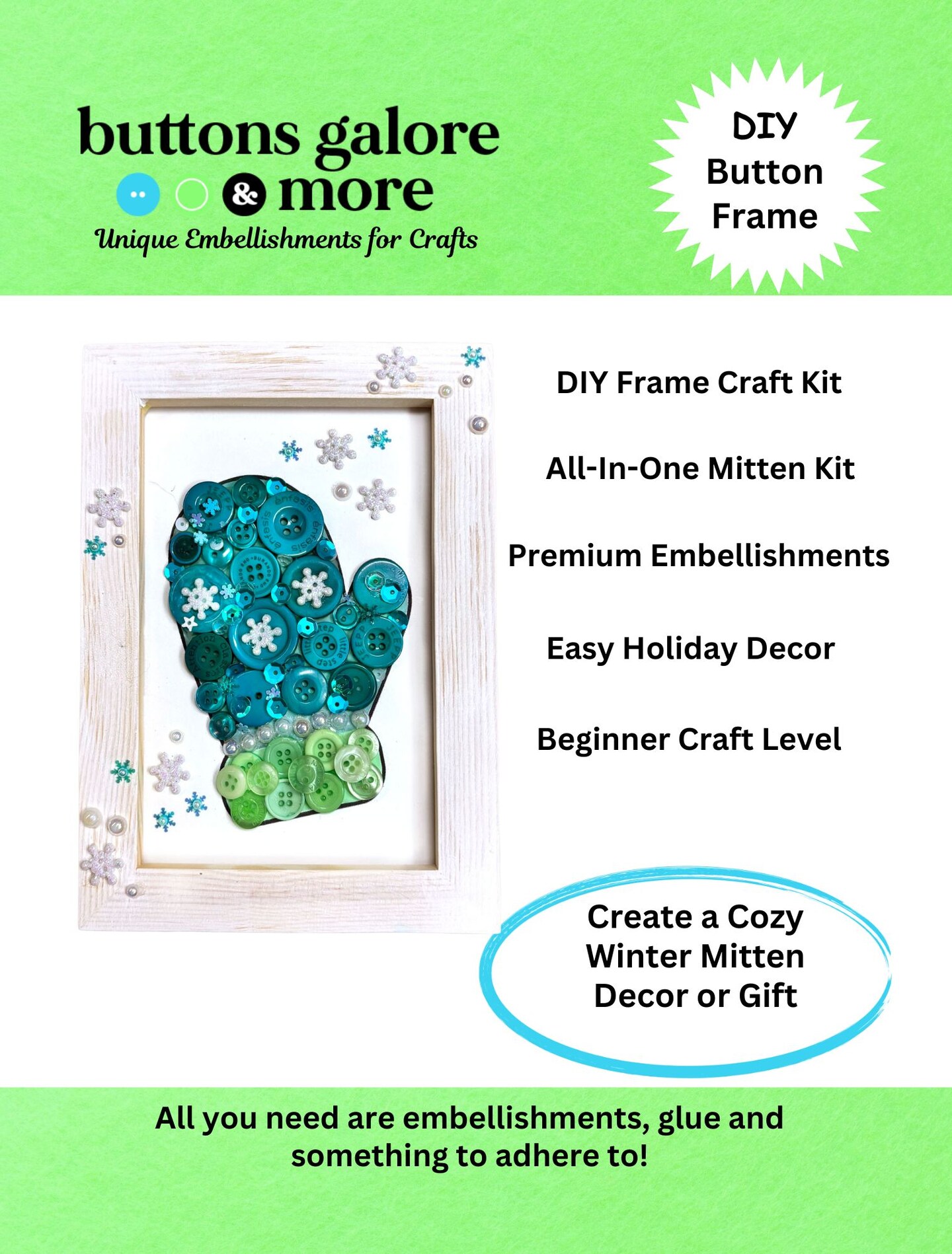 Buttons Galore &#x26; More DIY Button Art Frame Kit, Winter Mitten Design with Snowflakes, Wood Frame, Turquoise and Green Buttons, Wall Decor Craft Set, Ages 6+