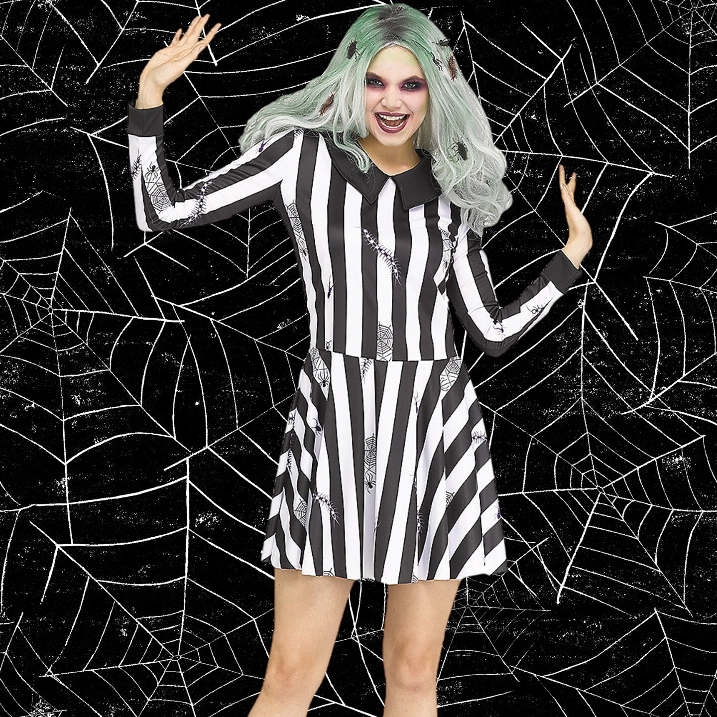 black and white striped dress halloween costume Ghost Girl Adult with Web Detail, Size: Adult S / M (2-8) embroidered evening dress