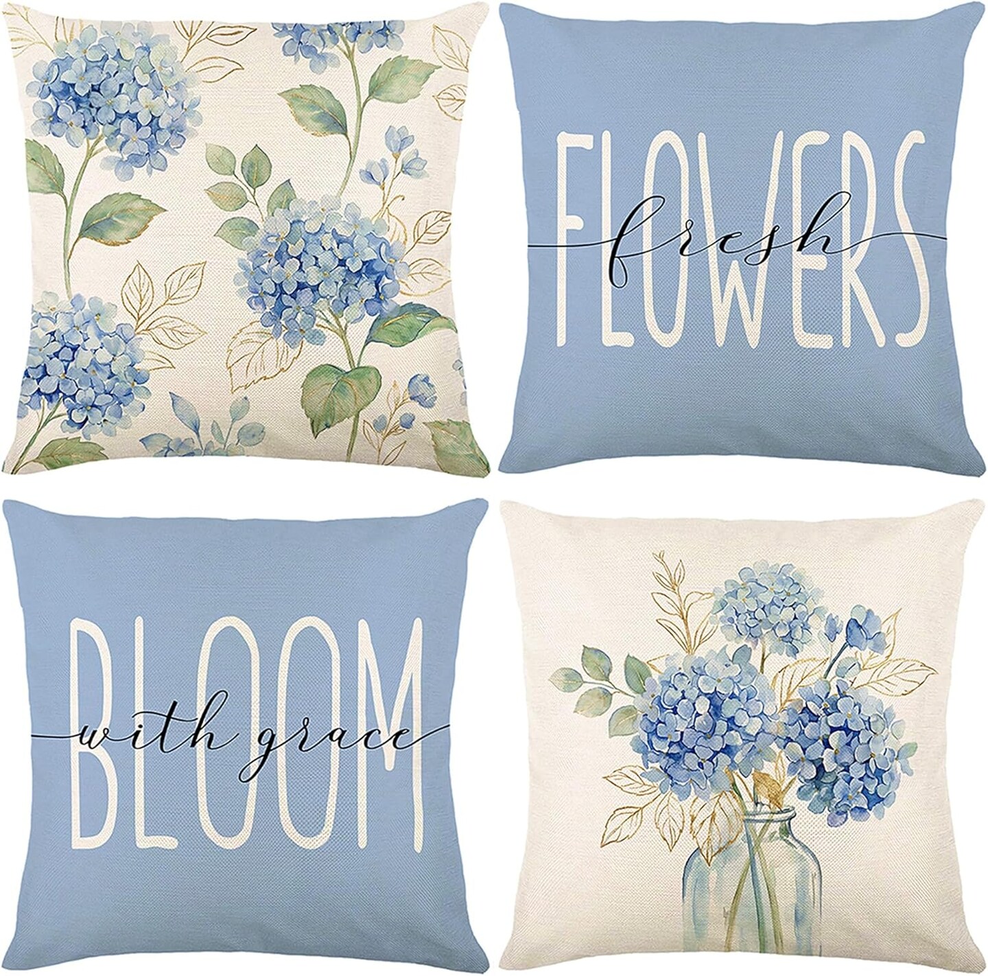 Set of 4 Blue Hydrangea Throw Pillow Covers – 18x18 inch Farmhouse Floral Cushion Cases for Couch, Sofa, Bedroom, Spring & Summer Décor